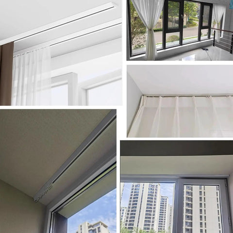 Ultra Thin Ceiling Curtain Rail Aluminum Track For Heavy Curtains With Silent Glide Pulleys, ceiling-mounted black rail in room divider use