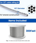 300 Feet One Eighth Inch Stainless Steel Cable Railing Kit With T316 Wire Rope 7x7 Strands, 1800 Pound Beefy Breaking Strength For Indoor Outdoor Coastal Deck Railing System Hardware WR02, showing wire detail and reel.
