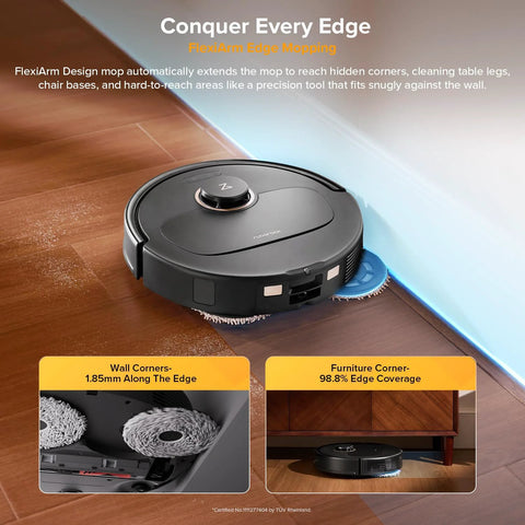 roborock Qrevo S5V robot vacuum and mop, black round unit with edge-mopping pad, front view