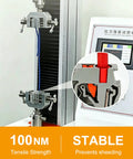 Testing machine displaying 100NM tensile strength with blue wire in a gripper, featuring stable design to prevent shearing.