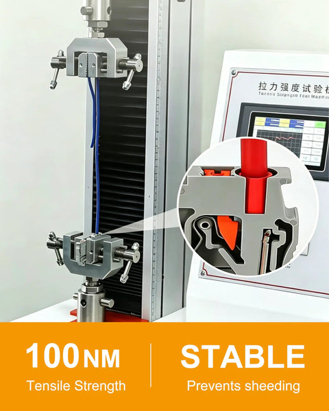 Testing machine displaying 100NM tensile strength with blue wire in a gripper, featuring stable design to prevent shearing.