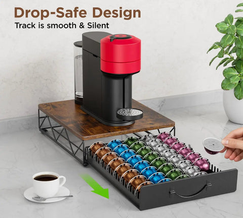 Vertuo Pod Holder And Organizer For Nespresso VertuoLine Rustic Brown Wood Top With Mesh Shelves And Sliding Drawer, countertop setup