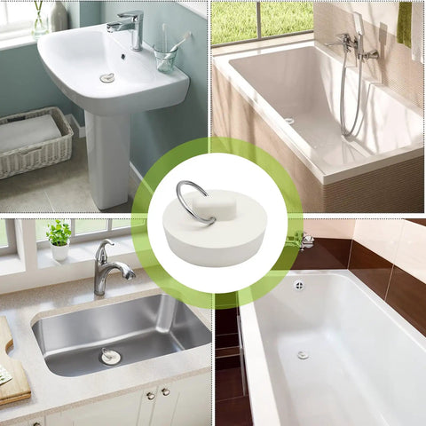 Heavy Duty Rubber Drain Plug With Hanging Ring Shuts Nasty Smells Dead Fits Like A Glove On One Point Five To One Point Six Inch Pipes Kills Clogs Fast Works Like A Charm For Kitchen And Bath Setups Two Pack White shown in kitchen sink and bathtub.