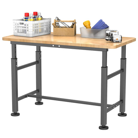 Adjustable Height Workbench for Garage and Workshop with 0.8 Inch Solid Rubberwood Top, Heavy Duty Build shown with tools and supplies