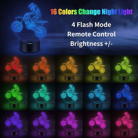 Dirt Bike 3D Night Light With 16 Color Changing LEDs displaying various motorcycle lamp colors and remote control features.