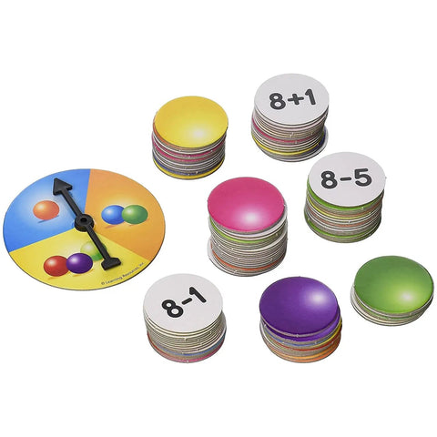 Gumball Themed Addition And Subtraction Math Game set with spinner and math-fact cards for classroom or home use.