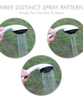 Three spray patterns on the Portable Propane Water Heater And Shower Pump For Camping And Outdoors, adjustable settings on shower head.