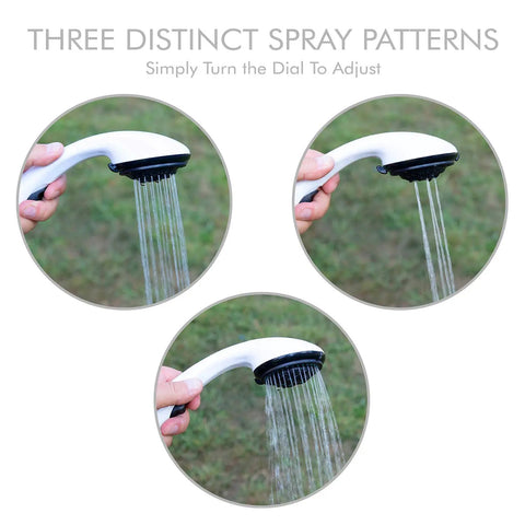 Three spray patterns on the Portable Propane Water Heater And Shower Pump For Camping And Outdoors, adjustable settings on shower head.