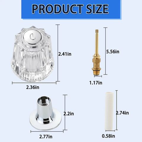 Two Piece Bathtub Shower Knob Rebuild Kit With Clear Acrylic Handles Stems Seats And Flanges For Hot And Cold Water No Fuss Upgrade For A Smooth Leak Free Shower showing product dimensions