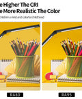 Led Desk Lamp With Dual Light Source And Adjustable Swing Arm Clip On Eye Care Desk Light With 4 Cct Modes And 5 Brightness Levels Architect Style Task Light For Your Home Office Or Study Setup demonstrates CRI difference with colorful pencils