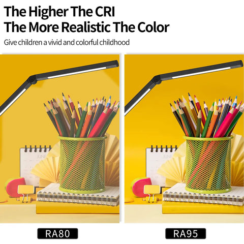 Led Desk Lamp With Dual Light Source And Adjustable Swing Arm Clip On Eye Care Desk Light With 4 Cct Modes And 5 Brightness Levels Architect Style Task Light For Your Home Office Or Study Setup demonstrates CRI difference with colorful pencils