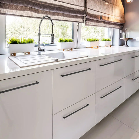 Modern kitchen with 10 Pack 18 Inch Square Cabinet Handles Matte Black Drawer Pulls For Kitchen Cabinets And Furniture Hardware.