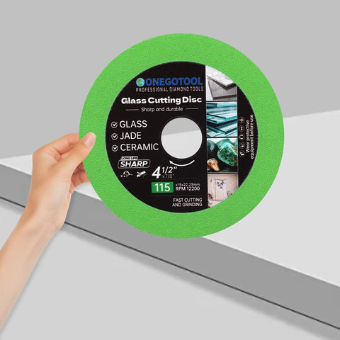 Person holding 4.5 Inch Diamond Cutting Disc For Angle Grinder Glass Ceramic Jade Crystal And Wine Bottles 3 Pack Pro Grade Heavy Duty