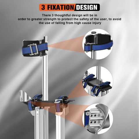 Adjustable Aluminum Drywall Stilts For Adults From 24 To 40 Inches showing fixation design with blue straps and sturdy construction