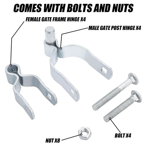 4 Pack Chain Link Fence Gate Hinges Set 2 3 8 Inch Post To 1 3 8 Inch Frame Heavy Duty Galvanized Steel Replacement Hinges With Nuts And Bolts Included