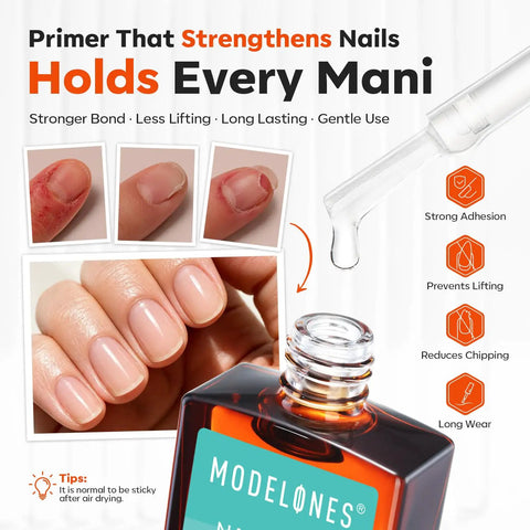 Close-up of clear nail polish bottle with dropper and manicured nails, Two Piece Nail Prep Kit With Dehydrator And Primer 15 Ml Each Acid Free HEMA Free Strong Bonding Base Coat For Gel Polish Acrylic And Press On Nails No Lift Long Lasting Manicure Gift Clear.