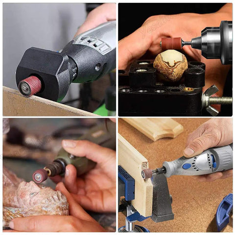 186 Piece Sanding Drum Set With 180 Sanding Bands In One Half Inch, Three Eighth Inch And One Quarter Inch Diameters, Grits 80 120 240, Plus 6 Mandrels For Rotary Tools, Aluminum Oxide Cloth Backed Rings For DIYers And Pro Grinders in use on various materials.