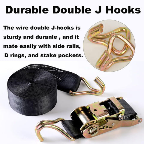 Heavy Duty Ratchet Straps 2 Inch By 27 Foot, 6600 Lbs Safe Working Load, 8000 Lbs Break Strength, Double J Hook Tie Downs