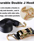 Four Pack Heavy Duty Ratchet Straps Two Inch By Twenty Foot Cargo Tie Downs showing durable double J hooks and black webbing.