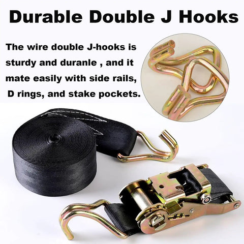 Four Pack Heavy Duty Ratchet Straps Two Inch By Twenty Foot Cargo Tie Downs showing durable double J hooks and black webbing.