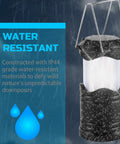 4 Pack Led Camping Lanterns And Collapsible Flameless Tea Lights Portable Battery Powered Camping Lights For Emergency Prep Supplies Kit Black shown during rain with water-resistant feature highlighted on packaging.