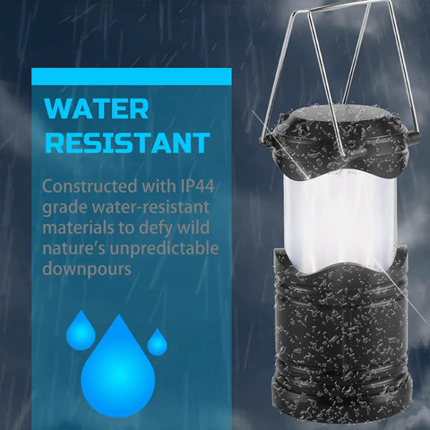 4 Pack Led Camping Lanterns And Collapsible Flameless Tea Lights Portable Battery Powered Camping Lights For Emergency Prep Supplies Kit Black shown during rain with water-resistant feature highlighted on packaging.