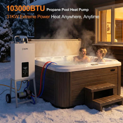 Powerful 105000 BTU propane pool heater delivers crazy fast heating for above ground pools, hot tubs, and spas with digital thermostat portable with wheels for easy outdoors