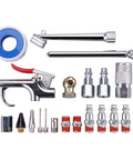 1/4 Inch Air Compressor Fittings Kit With Blow Gun, Tire Gauge And Air Chuck, 20-Piece DIY Friendly Set; couplers and inflator tips visible