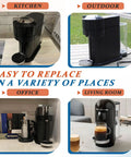 Coffee machines displayed in various settings: kitchen, outdoor, office, and living room