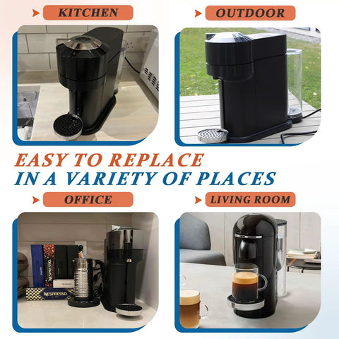 Coffee machines displayed in various settings: kitchen, outdoor, office, and living room
