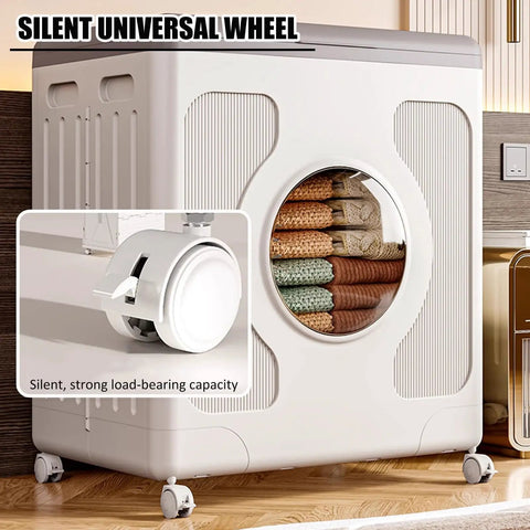 Super Roomy Foldable Storage Bin With Secure Lid And Smooth Rolling Wheels Heavy Duty Plastic Closet Organizer 160 Liter with towels inside