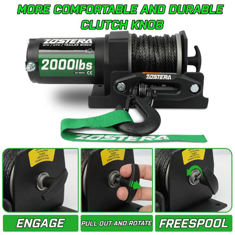 2000 Pound ATV Winch Kit With Synthetic Rope 12V Electric Waterproof Tow Winch RV Ready Off Road Recovery Wired Remote Controller Mounting Plate Fairlead And Hook, clutch knob close-up
