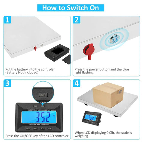 How to switch on the Commercial Grade Digital Shipping Scale With Wireless Display And Bullyproof Stainless Steel Platform 992 Lb.