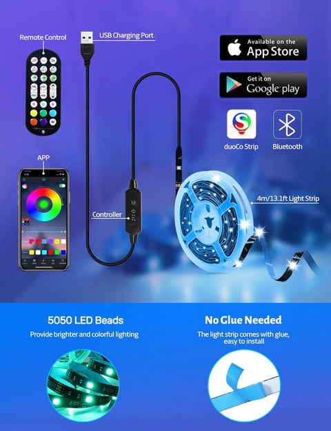 Dope LED TV Backlight Kit 13.1ft RGB 5050 Strip Lights for 45 to 60 Inch Televisions Music Sync with Bluetooth App packaging.