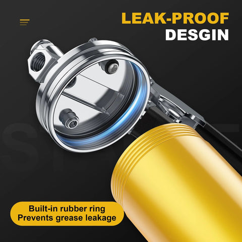 Fantictas grease gun kit: chrome metal head with blue seal, yellow grease cartridge visible