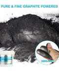 Ultra Fine Graphite Powder 3000 Mesh Dry Lubricant shown with 3000-mesh texture and application on hands.