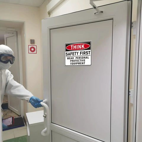 No Nonsense Safety First Sign Stickers Red Waterproof Durable PPE Warning Sign for Workplace Lab Construction Site and Industry Doors Installed