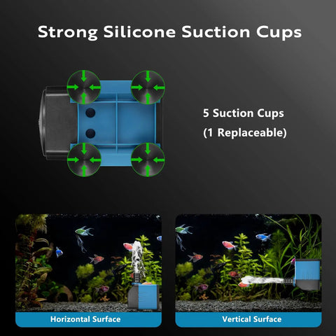 High Flow Submersible Pond Pump 480 GPH 8.2 Ft Lift with strong silicone suction cups for tanks and aquariums.