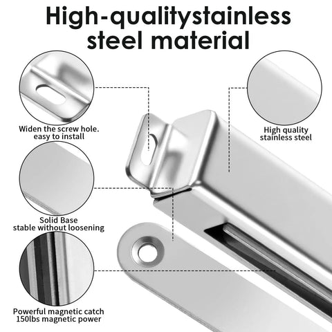 Close-up of 4 Pack 150Lb Heavy Duty Magnetic Door Catches For Cabinets Closets Wardrobes Cupboards Kitchen Bathroom 3.74 Inch Stainless Steel With Screws Keeps Doors Snug And Secure showing installation features and material details.