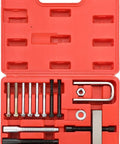 Universal Gearhead Favorite Steering Wheel Puller And Compressor Remover Tool Set in red case with various components.