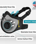 Dust Mask With Carbon Filters And Air Valves, Reusable Three Size Fit For Woodworking, Construction And Moving, Black Large
