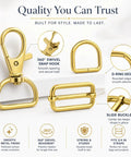 Killer Metal Bag Hardware Kit Featuring Twenty One D Rings Fourteen Swivel Snap Hooks And Twenty One Slide Buckles For Leather Stitching And Purse Making Crafts. Gold swivel snap hook, D-ring, and slide buckle set.