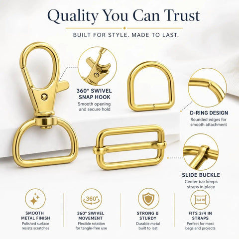 Killer Metal Bag Hardware Kit Featuring Twenty One D Rings Fourteen Swivel Snap Hooks And Twenty One Slide Buckles For Leather Stitching And Purse Making Crafts. Gold swivel snap hook, D-ring, and slide buckle set.