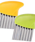 Two crinkle-cut vegetable knives with stainless-steel wavy blades and orange and green handles.