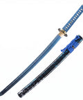 Beast Mode Spring Steel Katana Hand Forged Plum Blossom Samurai Sword with blue handle and scabbard, showing full tang blade and details.