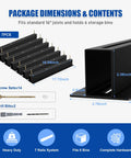 Heavy Duty 7 Pack Overhead Garage Storage Rack for Six Bins package dimensions and contents illustration with hardware details