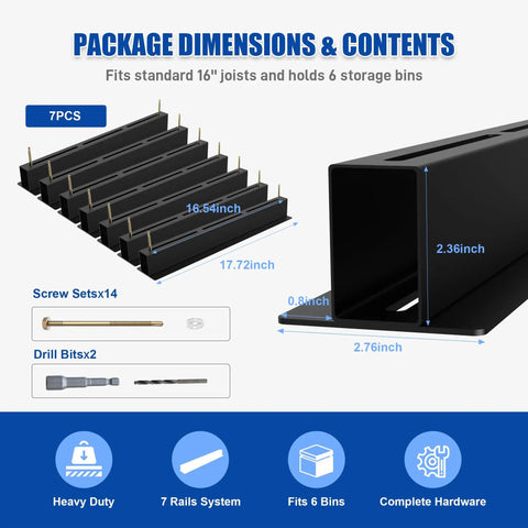 Heavy Duty 7 Pack Overhead Garage Storage Rack for Six Bins package dimensions and contents illustration with hardware details