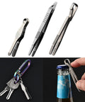 Alloy Pocket Tweezers For Camping And Hiking Gear showing three tweezers, key attachment, and bottle opener use, compact rust-resistant tool