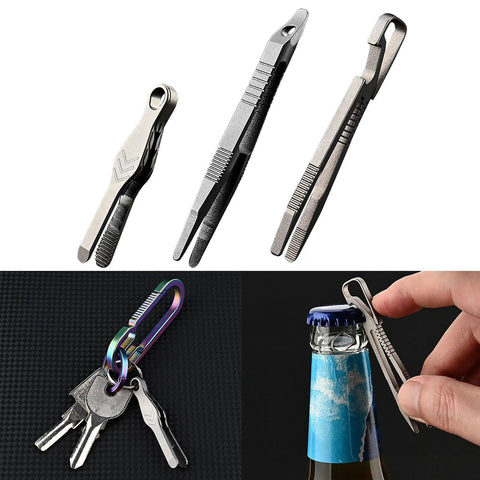 Alloy Pocket Tweezers For Camping And Hiking Gear showing three tweezers, key attachment, and bottle opener use, compact rust-resistant tool