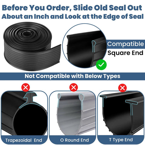 Coiled black vinyl garage door bottom seal, inset shows square-end cross-section.
